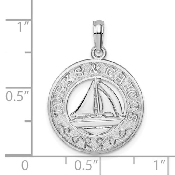 Sterling Silver Textured Turks & Caicos w Sailboat Pendant Travel Keepsake Charm - Picture 2 of 5